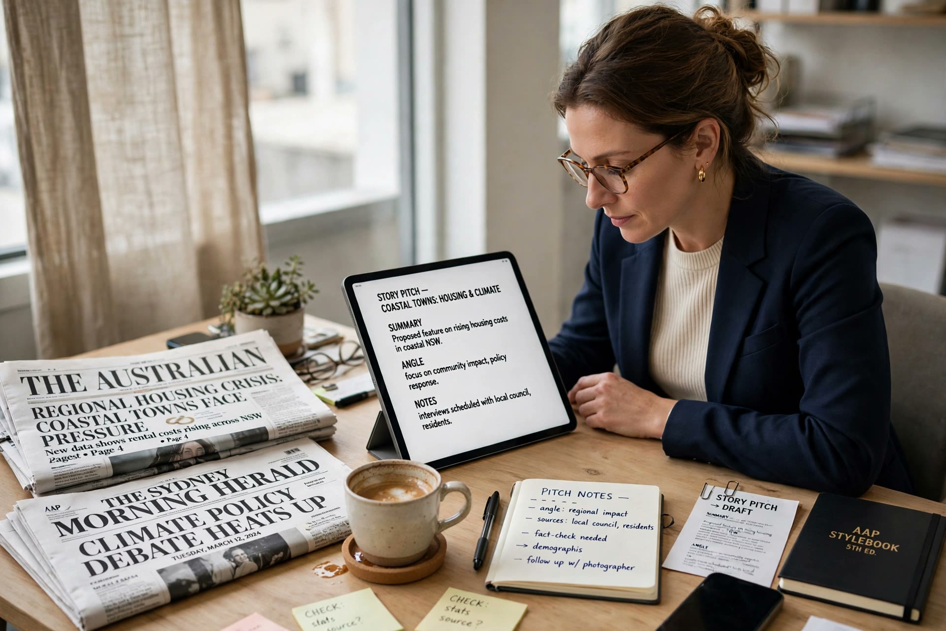 An editor reviewing a story pitch with Australian newspapers on her desk