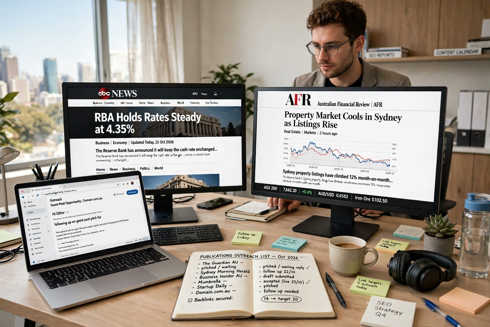 Link building specialist reviewing Australian publication targets on two monitors