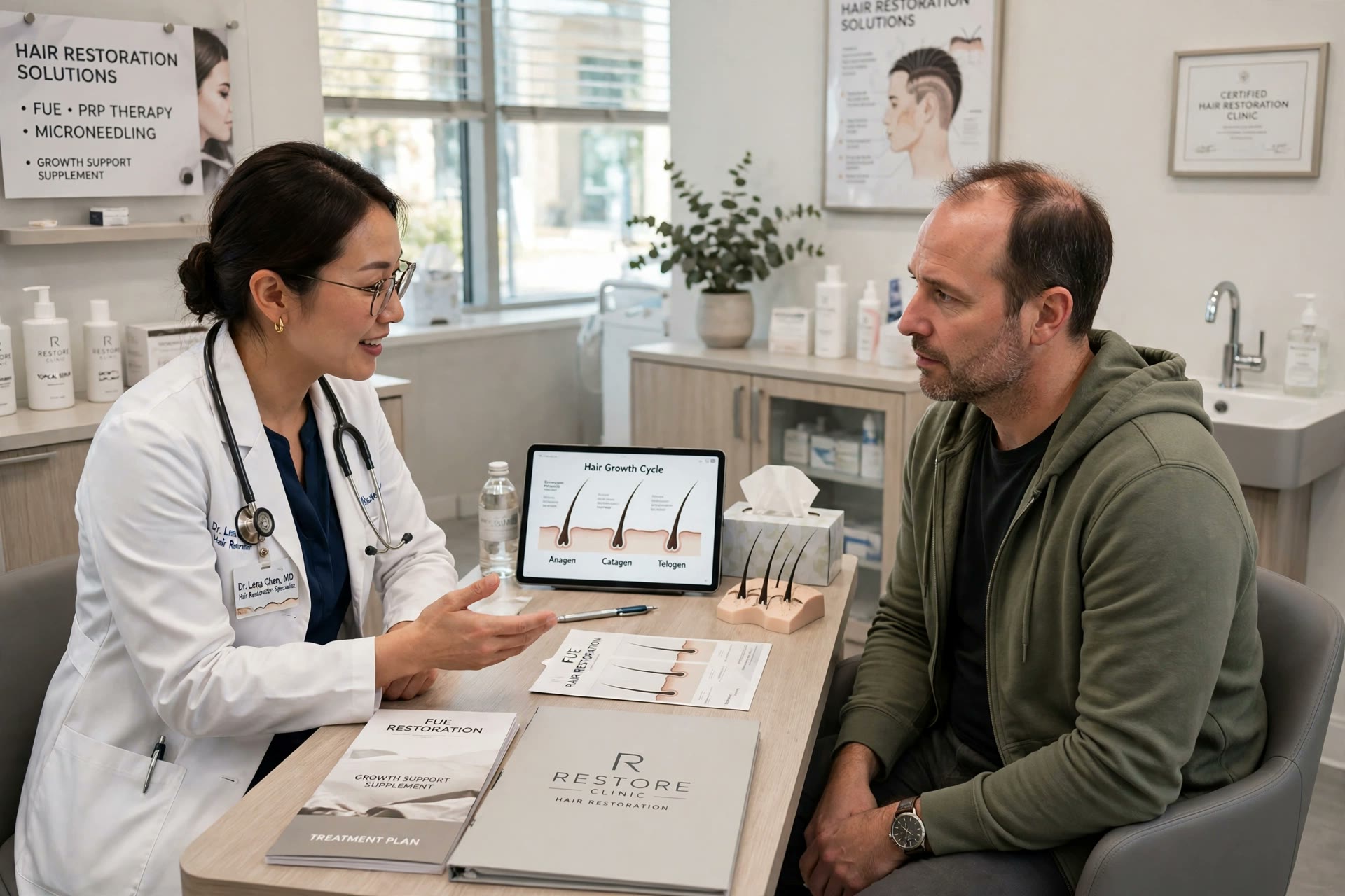 A doctor consulting a patient in a modern hair restoration clinic