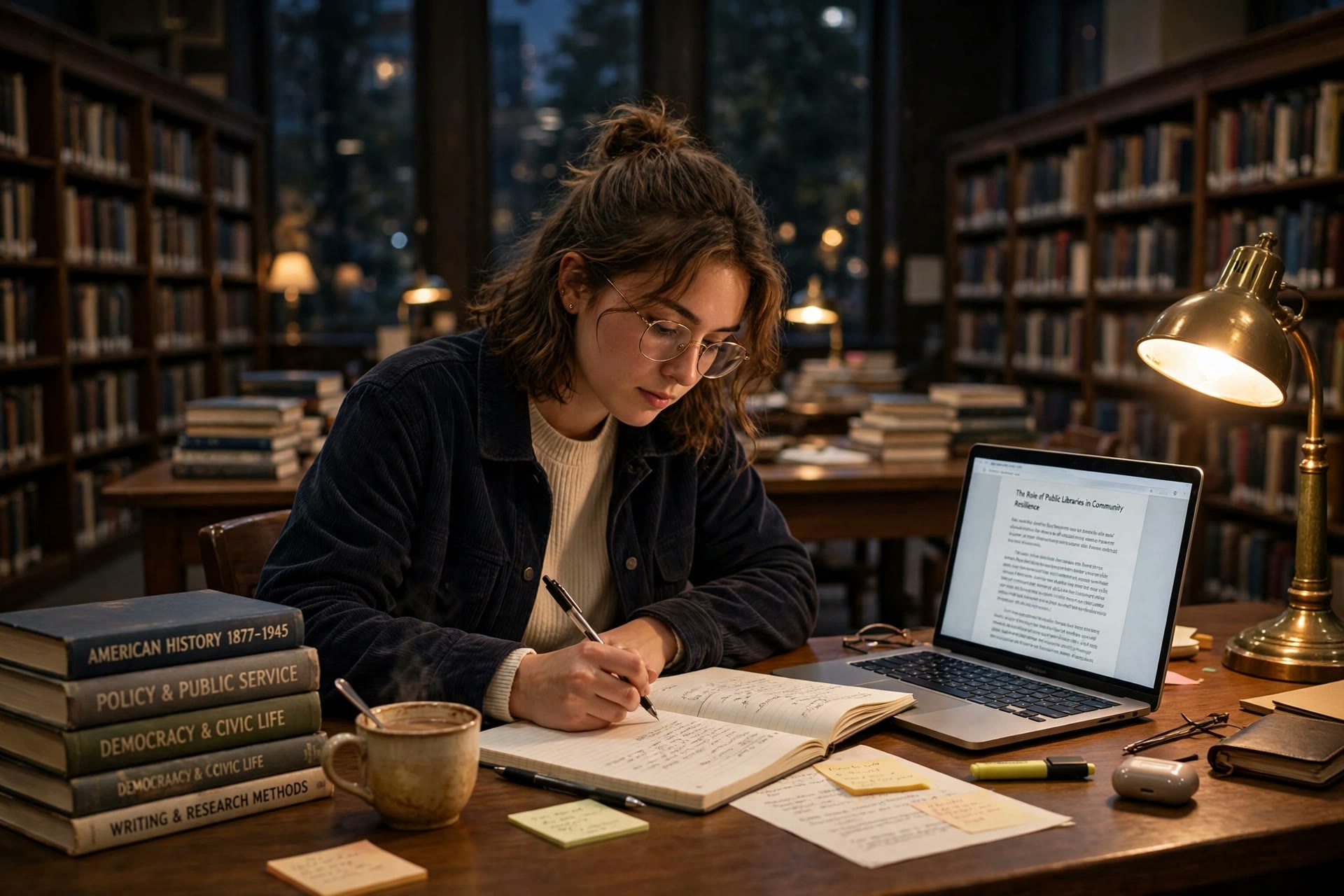 A student writing an essay at a library desk in the evening