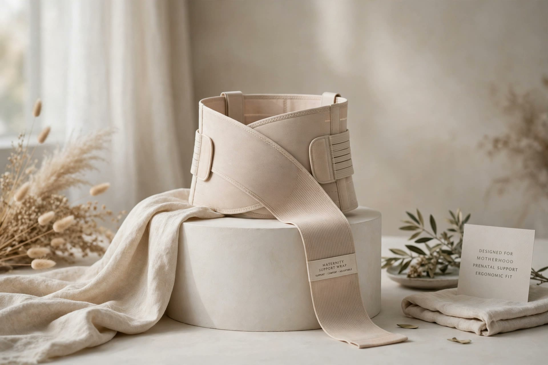A maternity support wrap presented in an elegant fashion studio scene