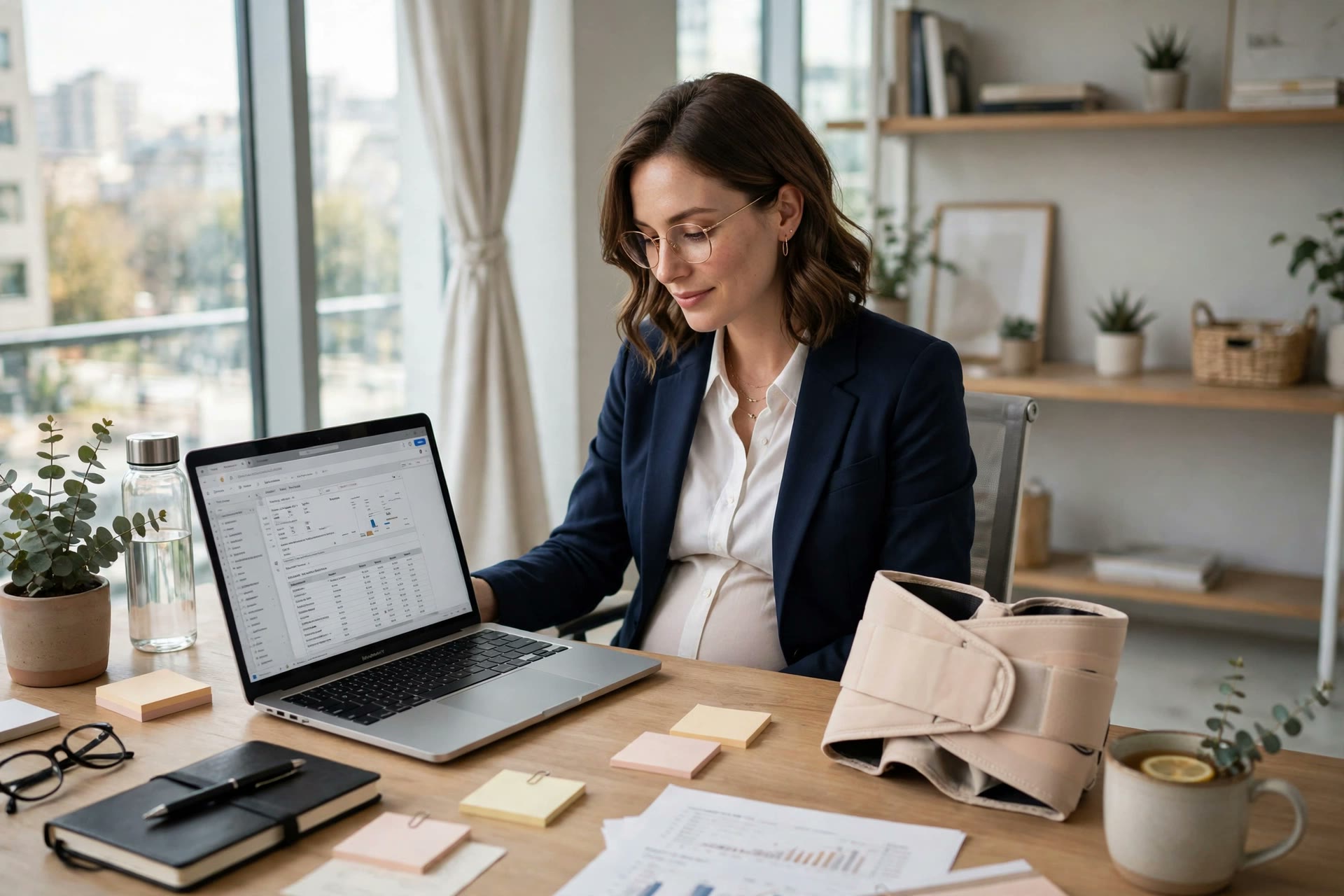 A pregnant professional working comfortably at a desk with a maternity support band beside her laptop
