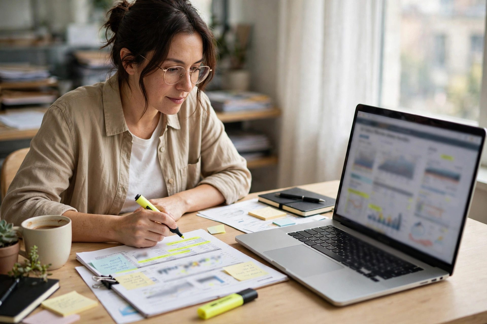 Reviewing backlink audit data and reports on a laptop