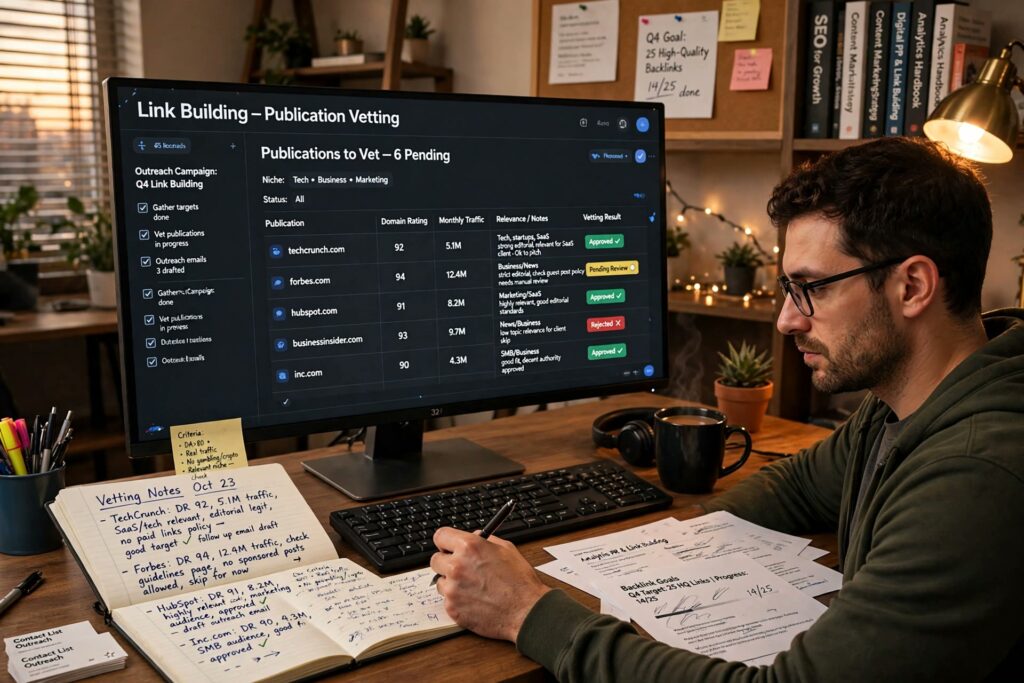 Link building specialist reviewing publication websites by hand at a desk