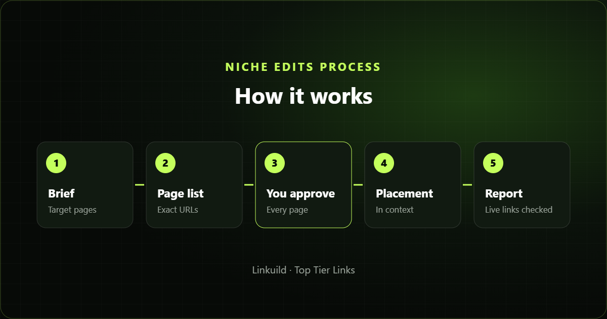 Linkuild niche edits process: brief, page list, approval, placement, report