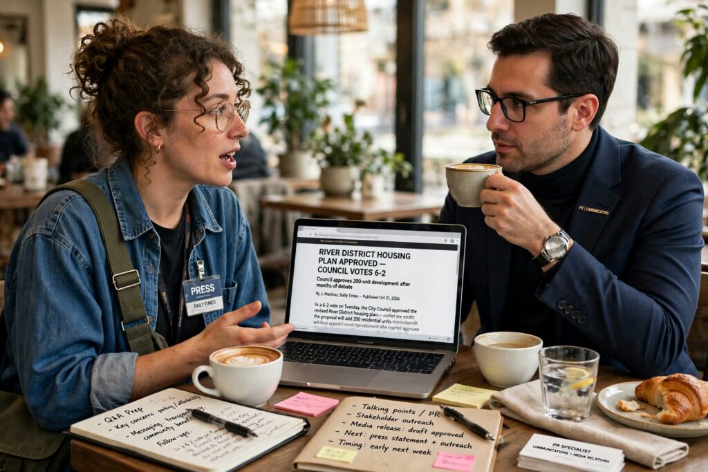 A journalist and an outreach specialist discussing a story over coffee